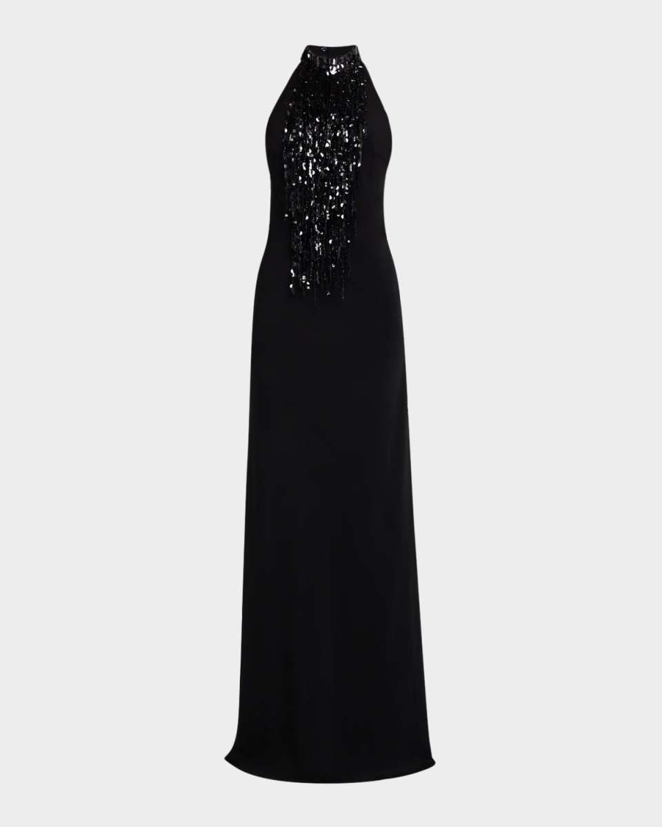 Sequin Fringe Halter Trumpet Gown